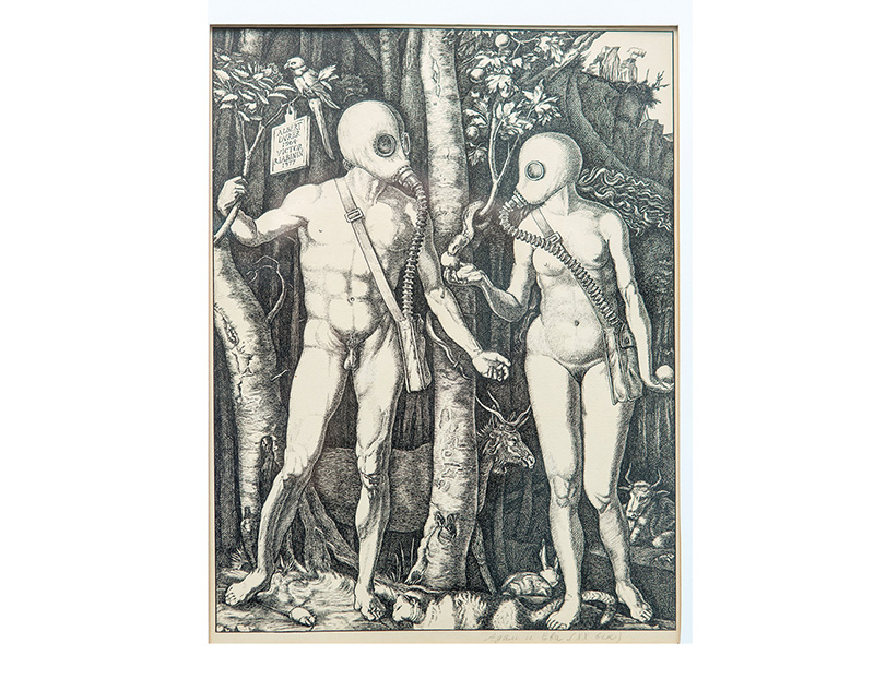 «Адам и Ева. ХХ век»— Я повторил знаменитую гравюру Дюрера, изменив пару деталей: покров сорван, противогазы надеты.(Комментарий художника) 